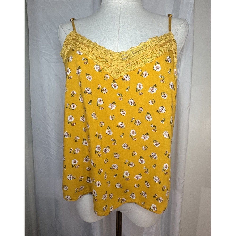 VTG Y2K Hollister Lace Trim Yellow Floral Cami Tank Size M Cottagecore Boho